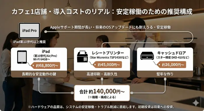 スマレジ導入に必要なiPad、プリンター、キャッシュドロアの価格内訳図解。合計約14万円。ハードウェアの品質が安定稼働に直結することを表現