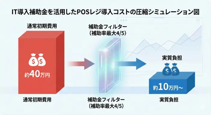 IT導入補助金を活用したPOSレジ導入コストの圧縮シミュレーション図。通常約40万円かかる初期費用が、補助金(補助率最大4/5)を活用することで実質負担約10万円まで圧縮される様子を視覚化。