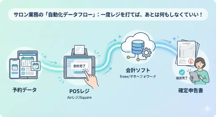 美容室の業務効率化図解。予約データがPOSレジ（Airレジ/Square）を通じて会計ソフト（freee/マネーフォワード）へ自動連動し、確定申告が簡略化される論理構造を示したフロー図。