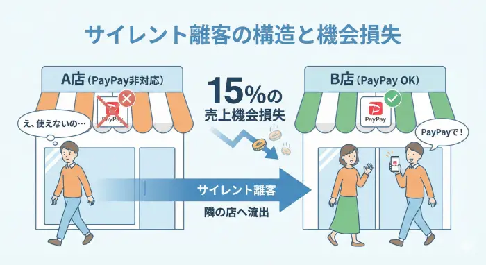 決済手段の欠如がサイレント離客を招き、売上機会損失につながる論理構造の図解。