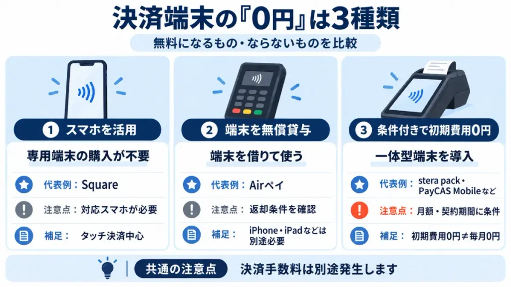決済端末を無料で導入する3つの方法と、それぞれの費用・返却条件を比較した図解