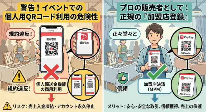 個人間送金(リスク)と加盟店決済(安全・信頼)の比較インフォグラフィック