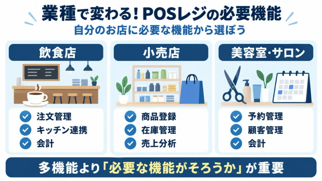 飲食店・小売店・美容室でPOSレジを選ぶ際に重視したい機能を整理した図解
