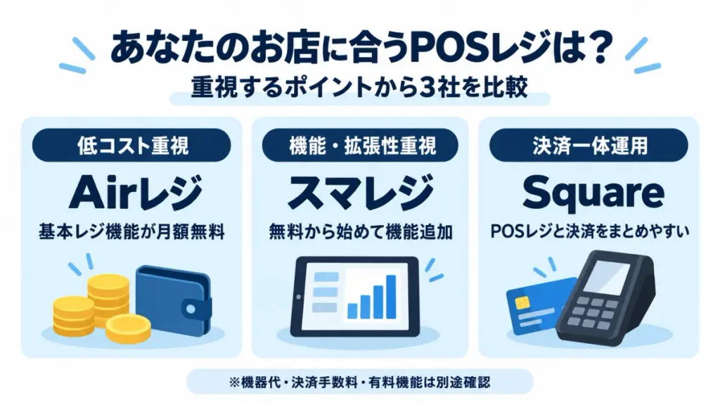 小規模店舗向けPOSレジの選び方をスマレジ・Square・Airレジの特徴から比較した図解